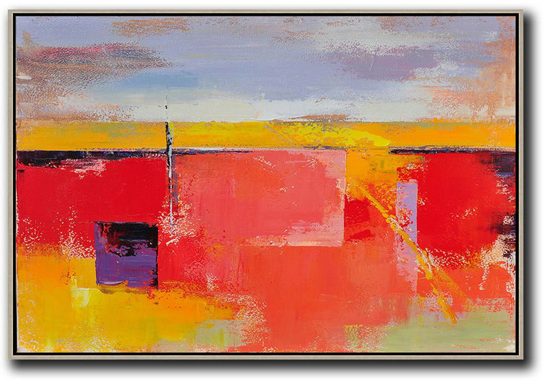 Horizontal Palette Knife Contemporary Art,Handmade Acrylic Painting,Purple Grey,Yellow,Red